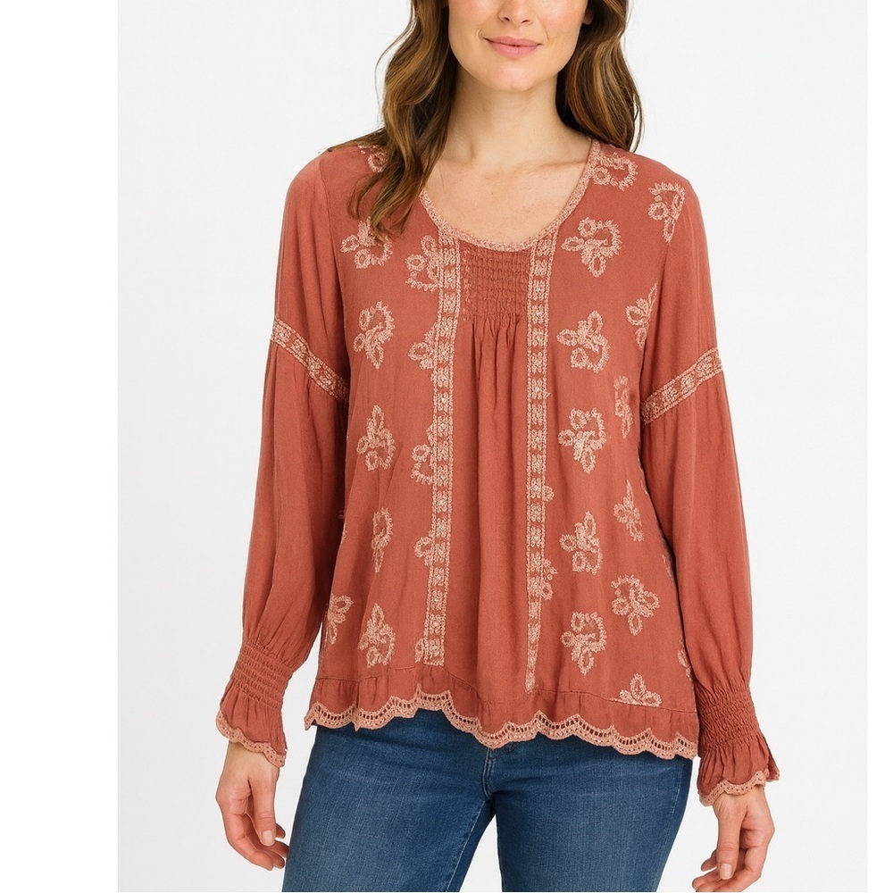 JOHNNY WAS Smocked Embroidered Top XS Salmon Pink
